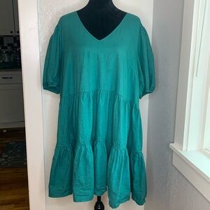 a.n.a. green Teal Tiered Babydoll Dress 1X Puff Sleeve Cotton Cottagecore Boho